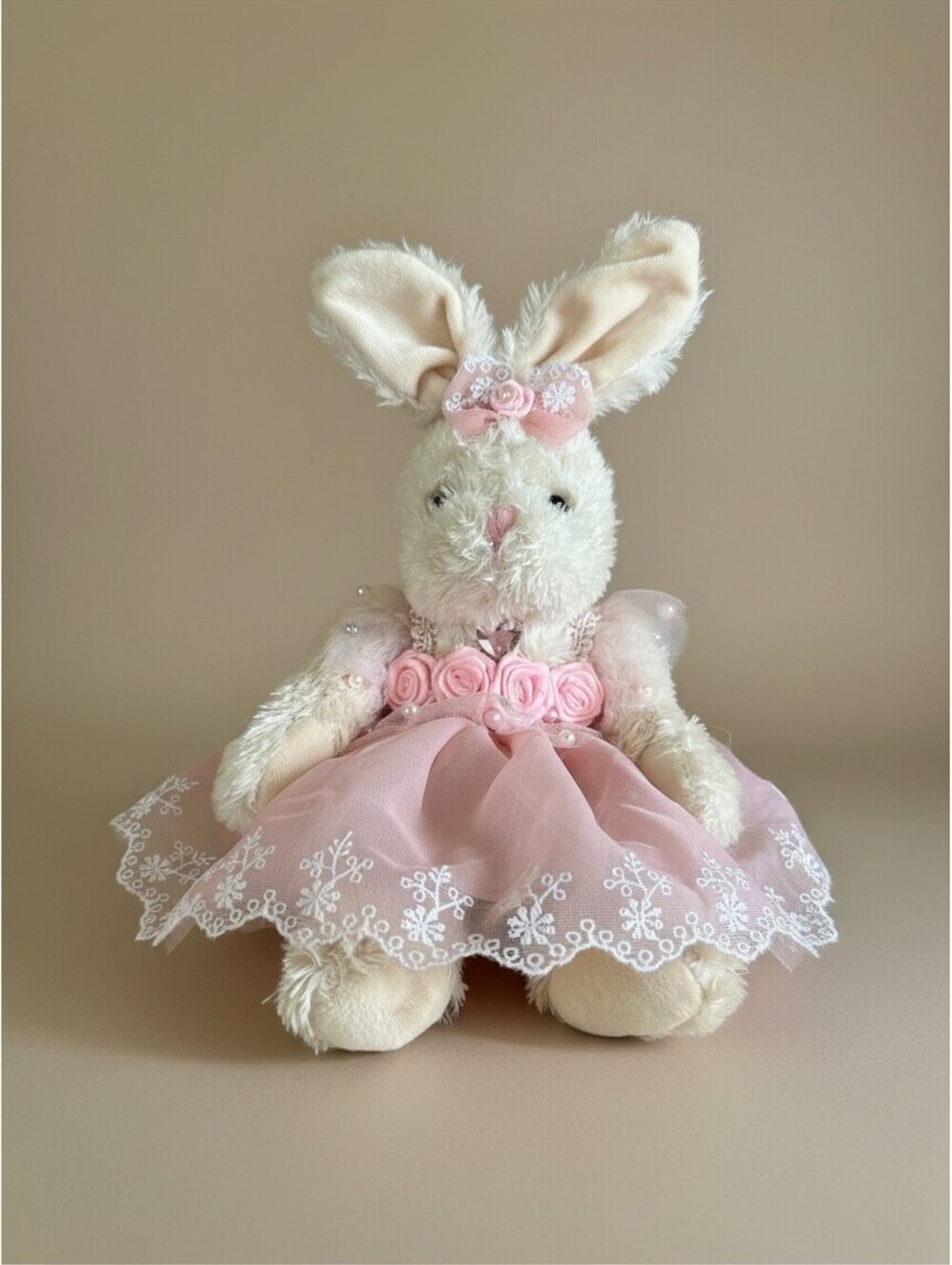 Victorian Style Bunny Rabbit Plush Pink Lace Dress Roses Pearls 13" Decor